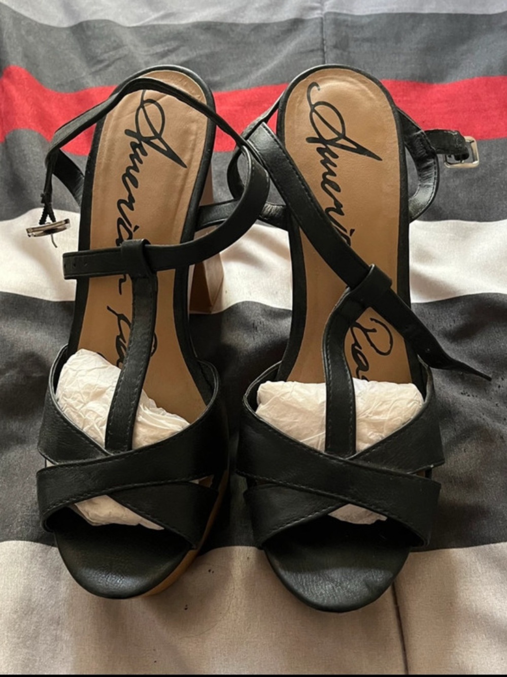 American Rag Black Leather Strappy Block Heel Sandals